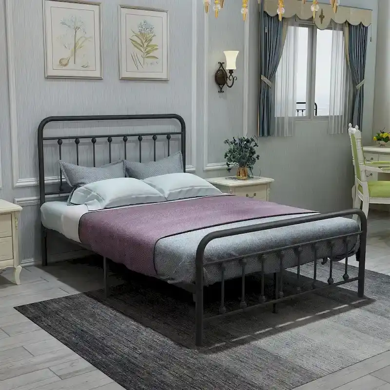 Full Size Metal Bed Frame with Headboard Footboard, Heavy Duty Steel Slats