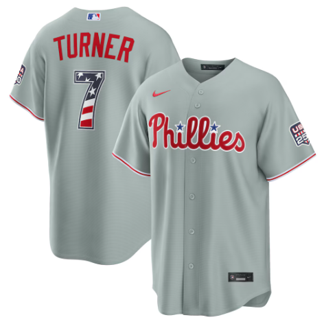 Philadelphia Phillies Trea Turner Gray USA 250 Fourth of July Road Stadium Jersey