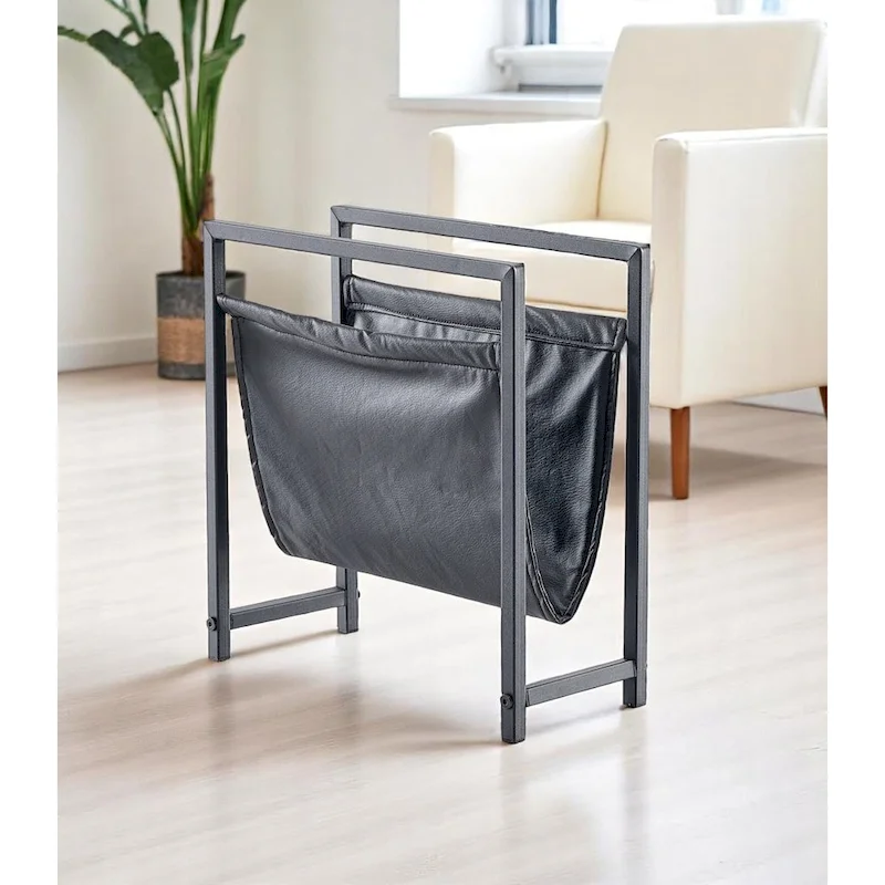 Freestanding Matte Metal Frame Leatherette Sling Magazine Holder