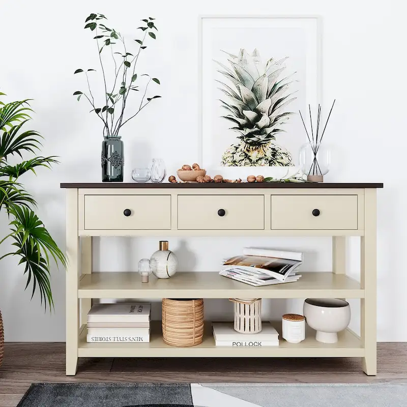 Pine Solid Wood Console Table with Two Open Shelves