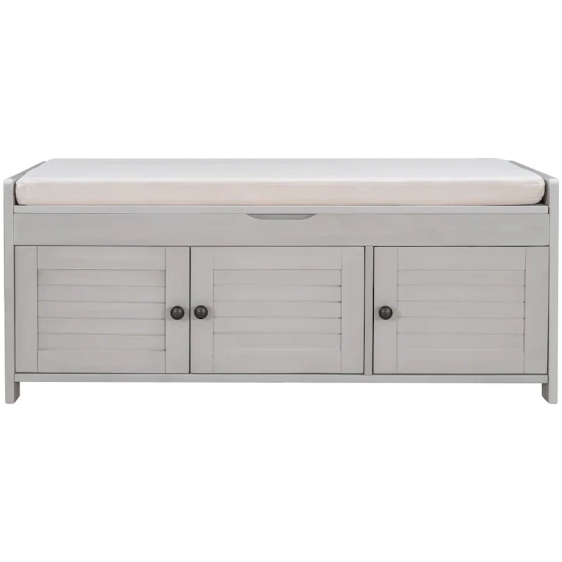 Upholstered Storage Ottoman Bench with 3 Shutter-Shaped Doors Cabinet