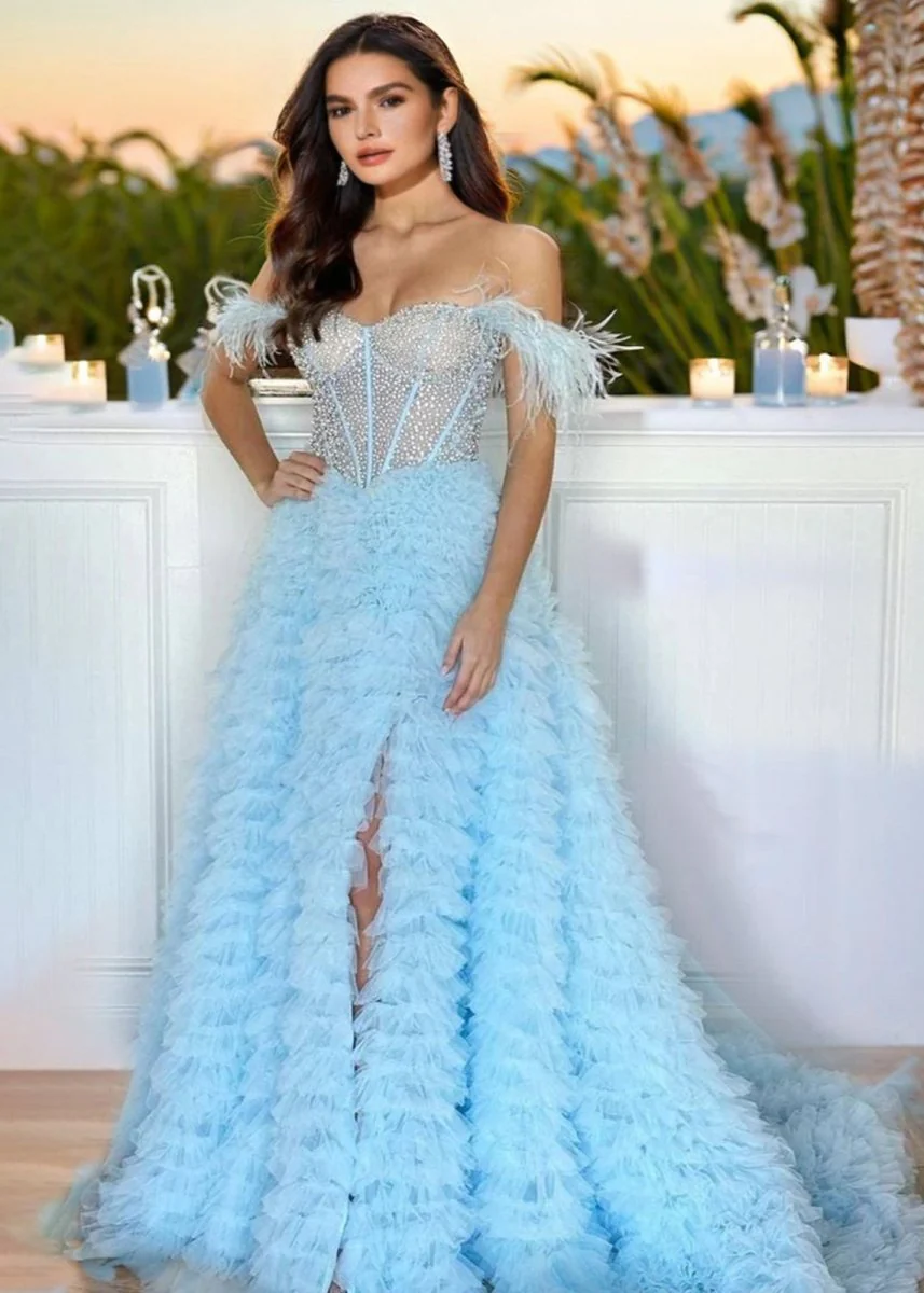 A Line Off the Shoulder Tiered Tulle Prom Dress With Slit