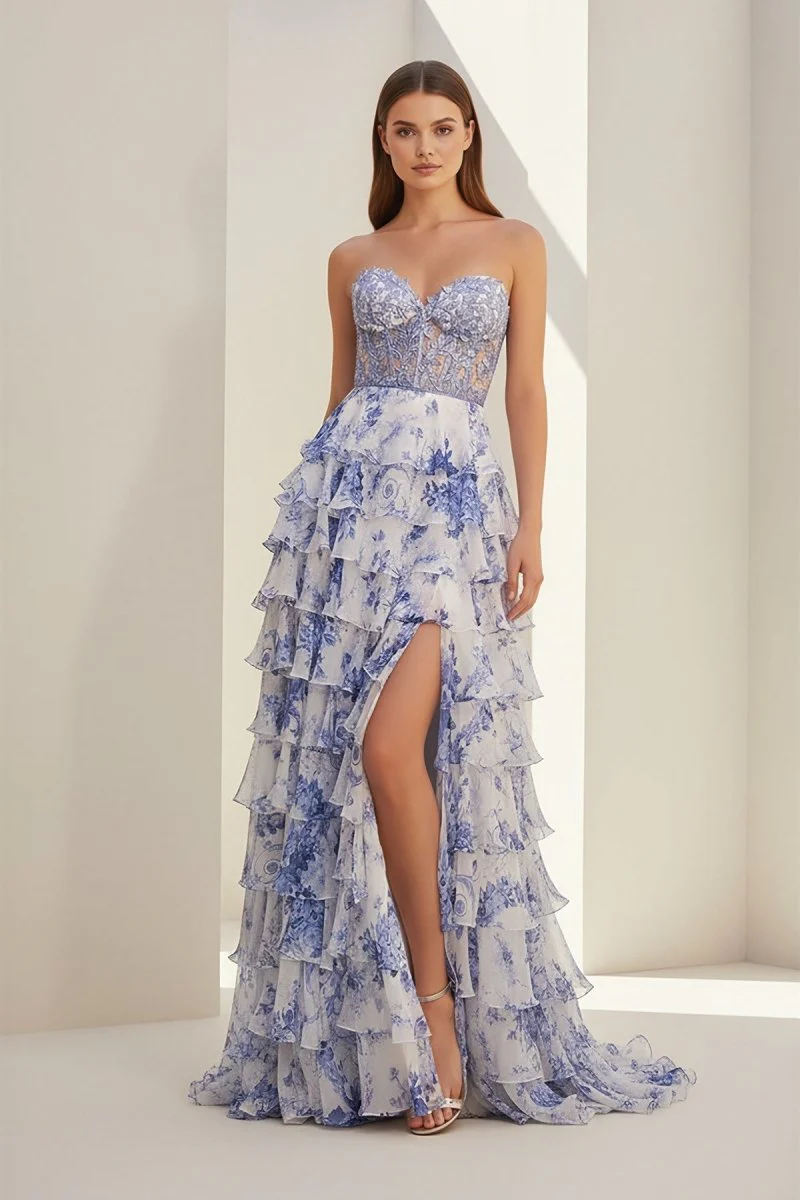 Blue Sweetheart A Line Floral Chiffon Ruffled Formal Prom Dresses With Appliques