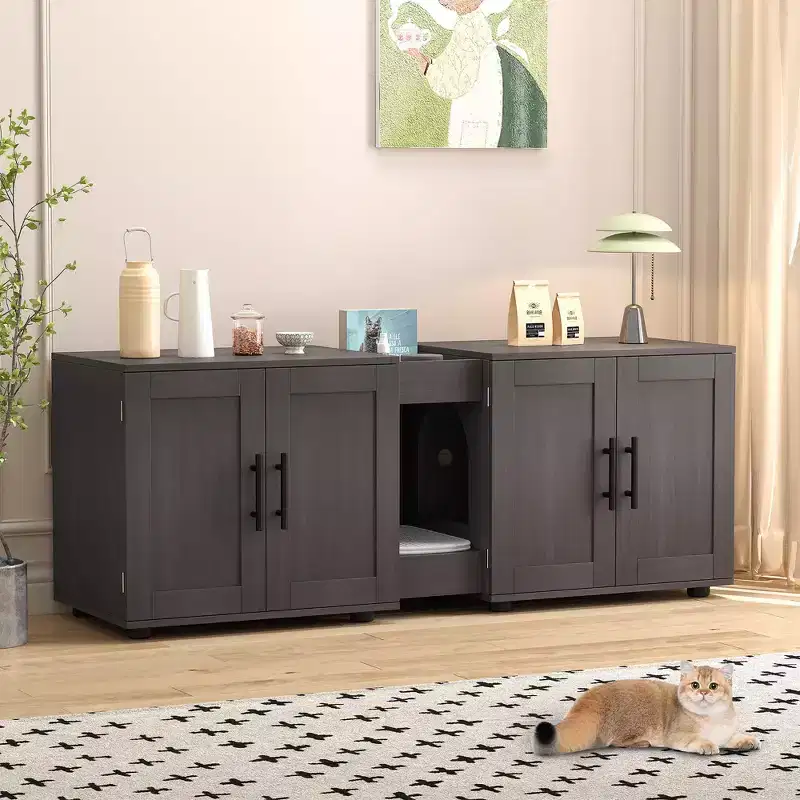 Modern Double Cat Litter Box Enclosure, Wooden Hidden Litter Cabinet, Waterproof Easy-Clean Surface, for Bedroom, Living Room