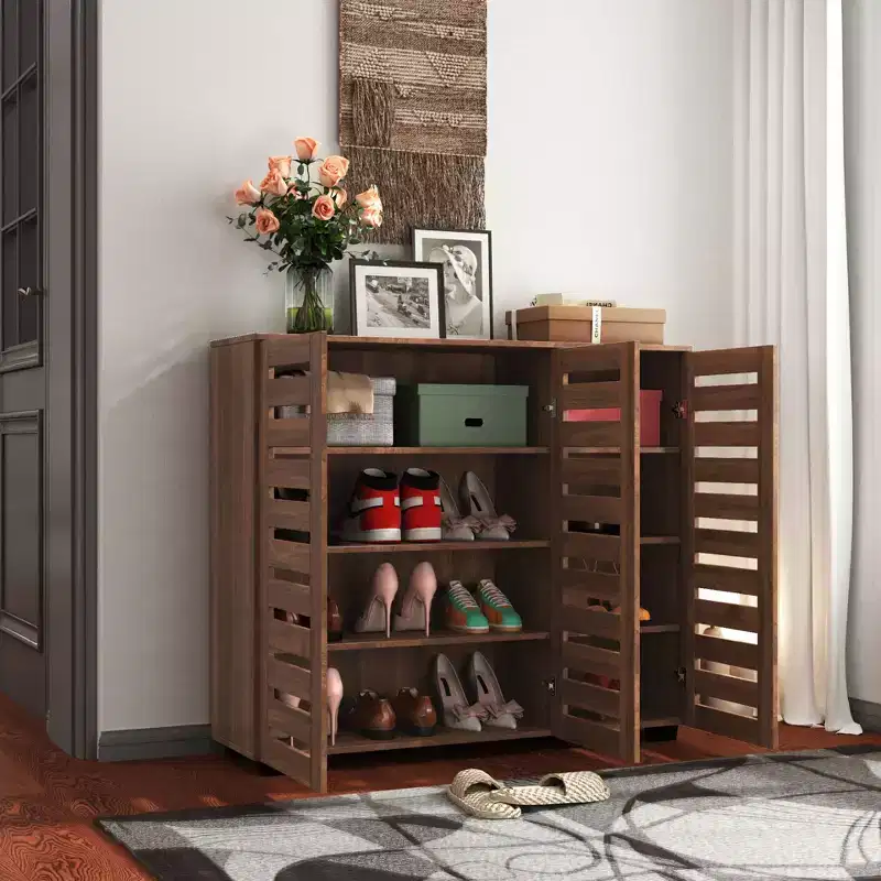 JVNOXK 5-tier adjustable shelf shoe rack with louvered doors, wooden shoe storage cabinet suitable for entryways, walk-in closets, and living rooms