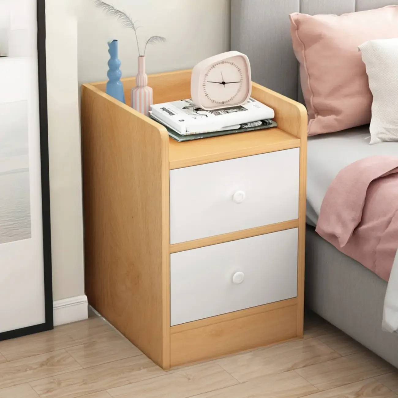 Scandinavian Wooden 2-Drawers Narrow Nightstand