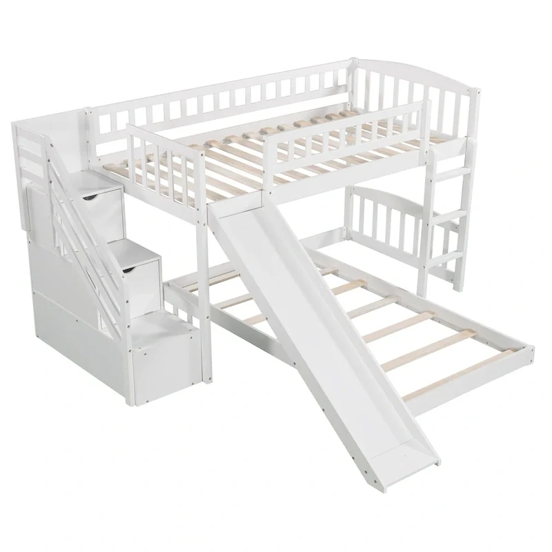 Stairway Twin over Twin Bunk Bed with Two Drawers and Slide, Gray(OLD SKU :LP000156AAE)