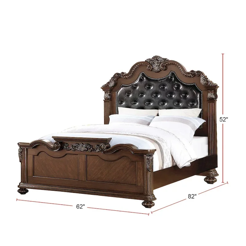 Wooden Bed With Padded Headboard in Dark Cherry Finish