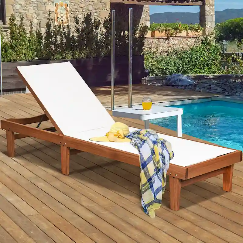 Outdoor Wood Chaise Lounge Chair Patio Recliner with Adjustable Back