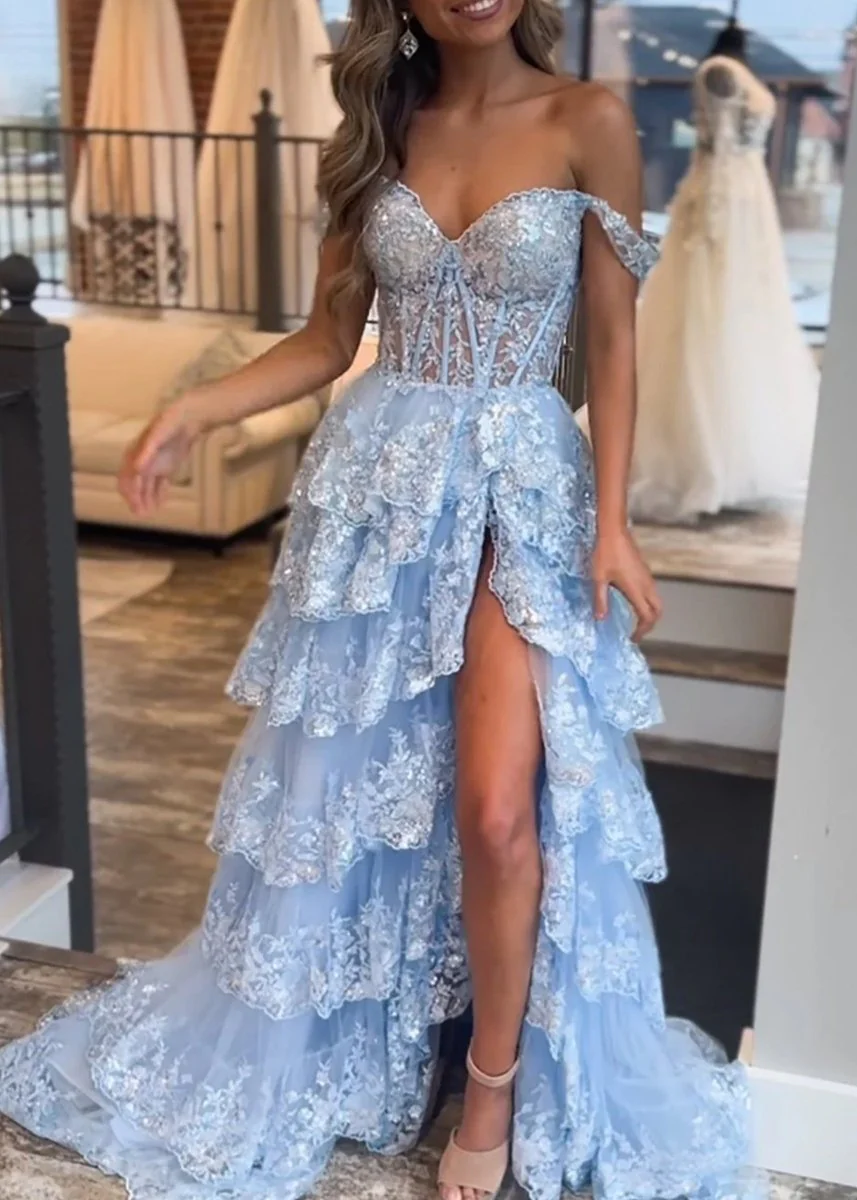 A-Line Lace Off-the-Shoulder Tiered Long Prom Dress with Slit