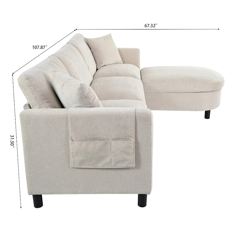 107.87 Removable Cushion 4-Seat Sectional Sofa with Movable Ottoman