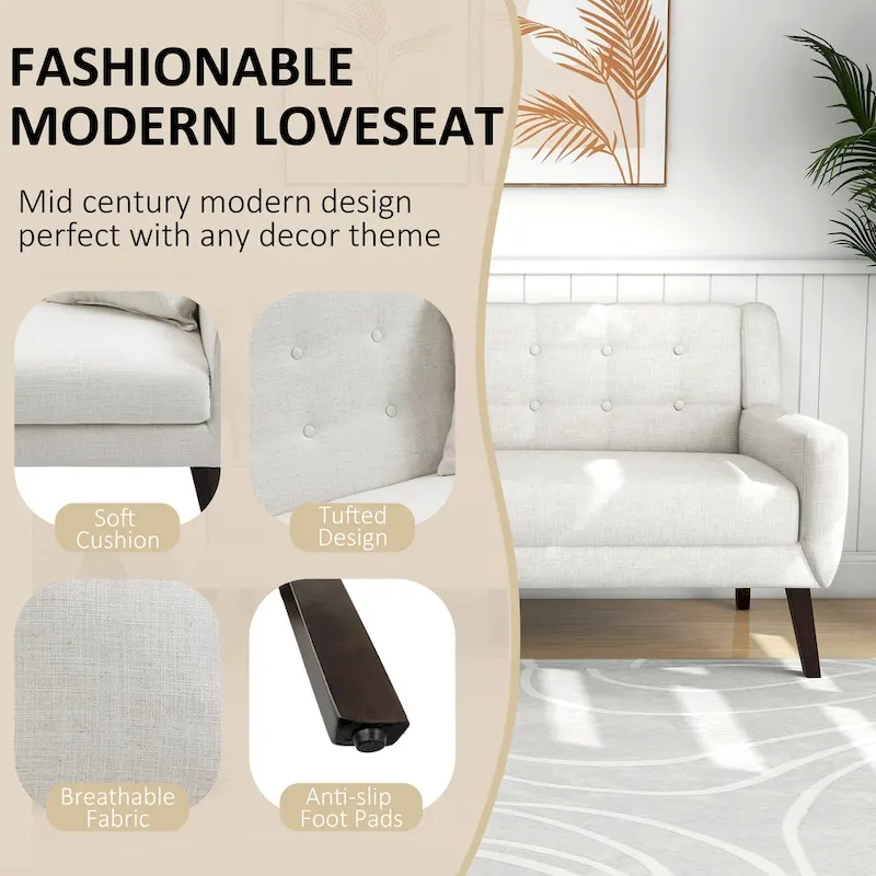 Tufted Linen/Cotton 2-Seater Sofa with Pillows