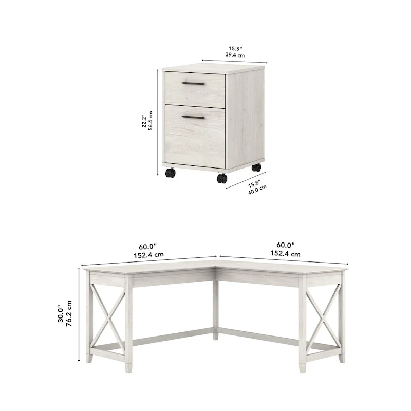 60W L Desk with 2 Drawer File Cabinet