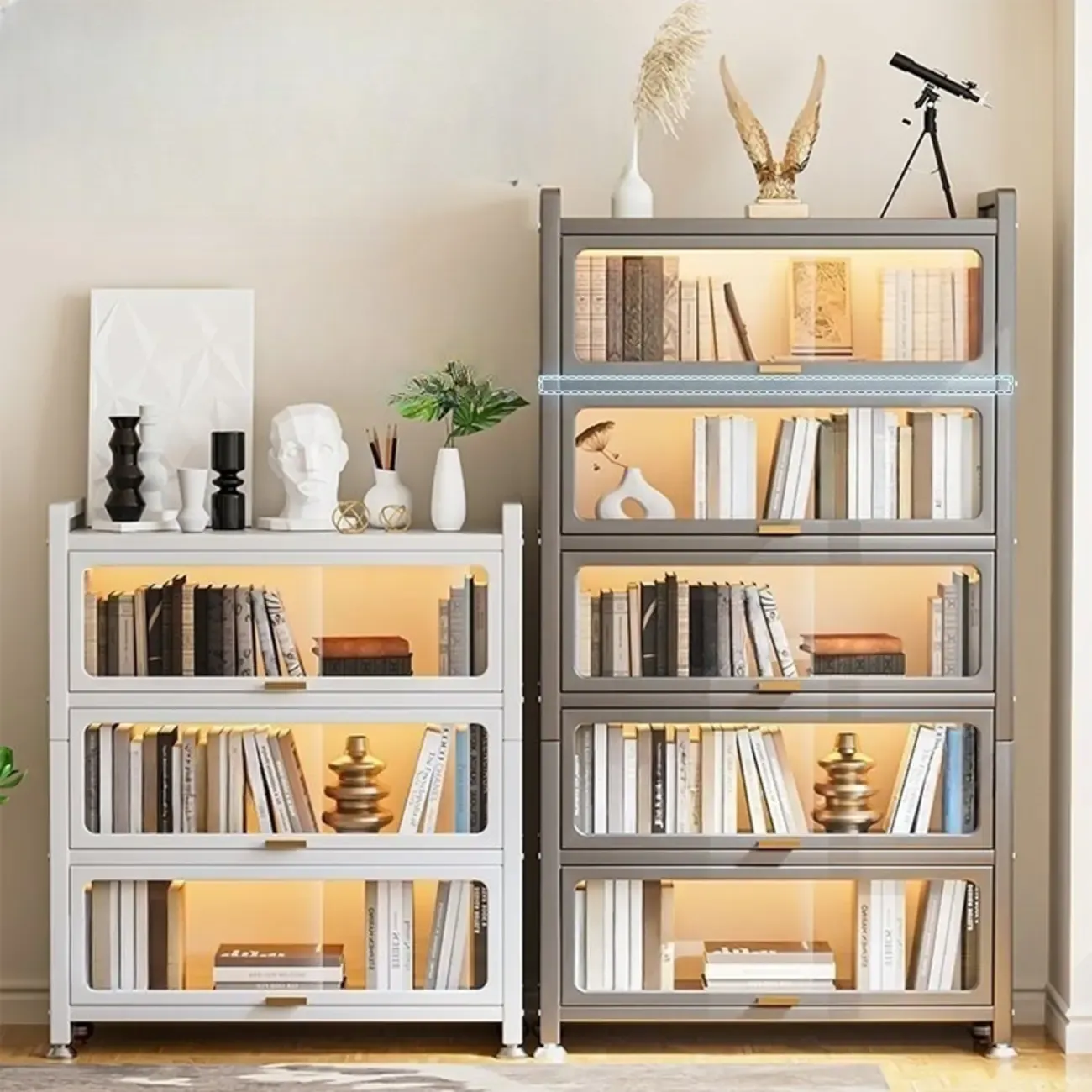 Grey/White Metal Vertical Closed Back Bookcase with Doors