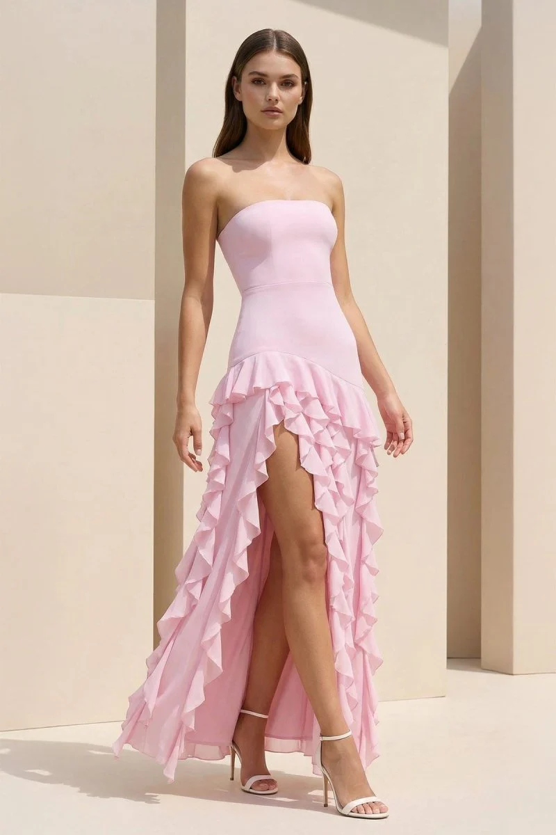 Pink Sheath Strapless Chiffon Long Prom Dresses With Ruffles