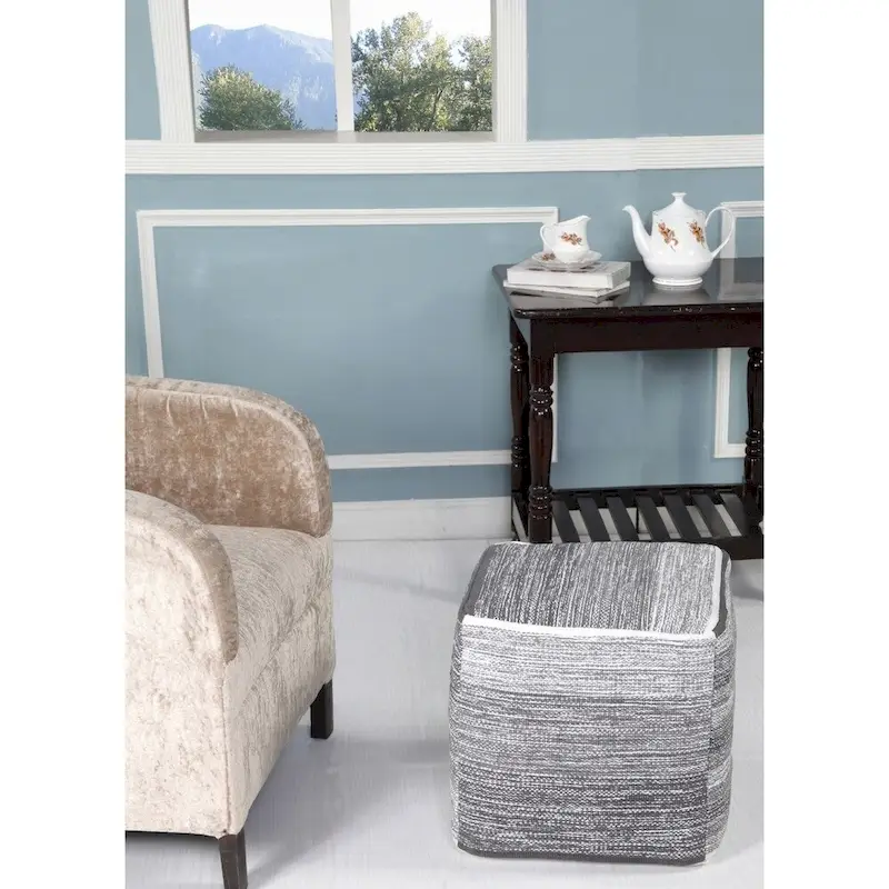 Grey Distressed Gradation Cotton Hand-Loomed Pouf Ottoman – Medium – 1 Person