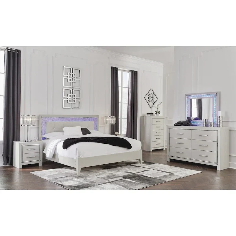 Signature Design by Ashley Zyniden Silver Upholstered Panel Headboard with 2 Nightstands