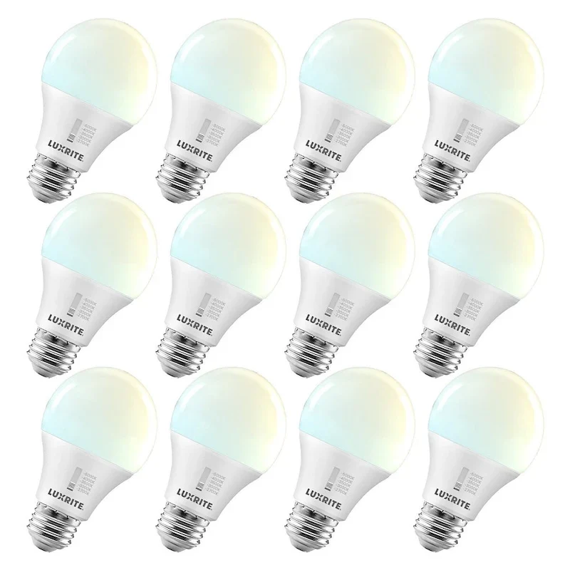 Luxrite A19 LED Light Bulb 60 Watt Equivalent CRI90 5CCT Dimmable 800LM 9W E26 Base ETL 12 Pack