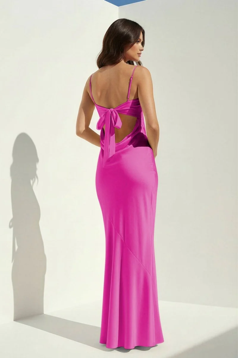 Yellow Spaghetti Straps Sheath Satin Open Back Long Prom Dresses