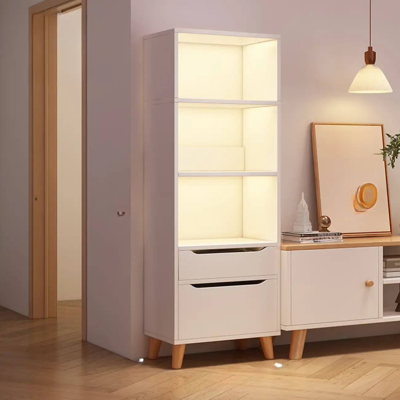 Tall Gray 4-Tier Open Back Wood Bookshelf with Drawer