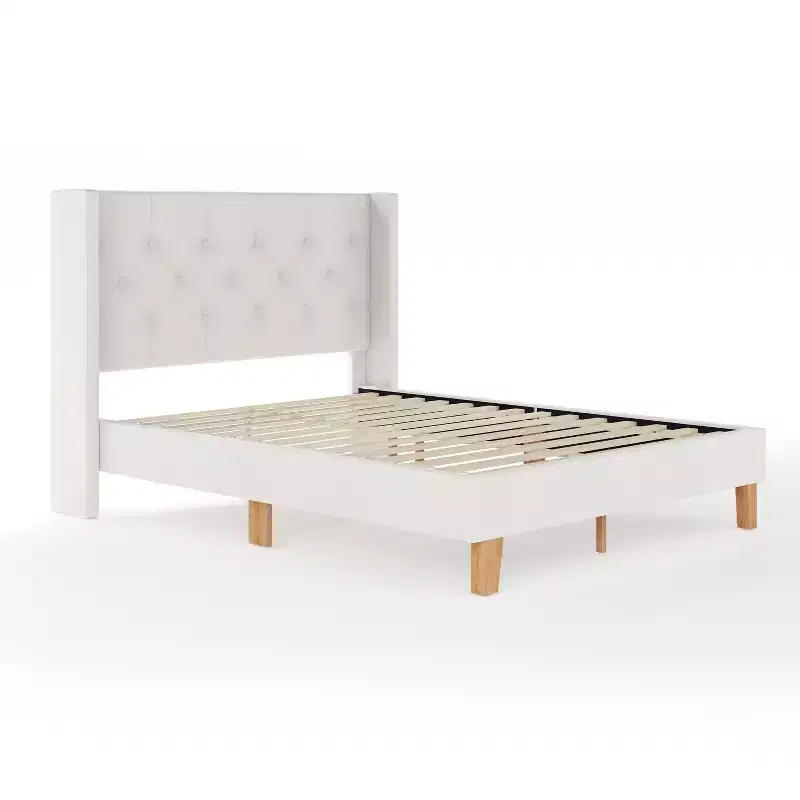Martha Stewart Carmy Upholstered Platform Bed with Tufted Wingback Headboard and Cushioned Siderails, Wood Slat Foundation, No Box Spring Needed