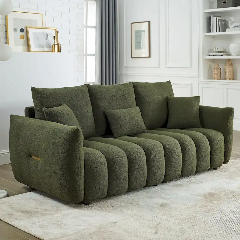 Green Teddy 3-seater Sofa with Back Pillows and Wood Frame
