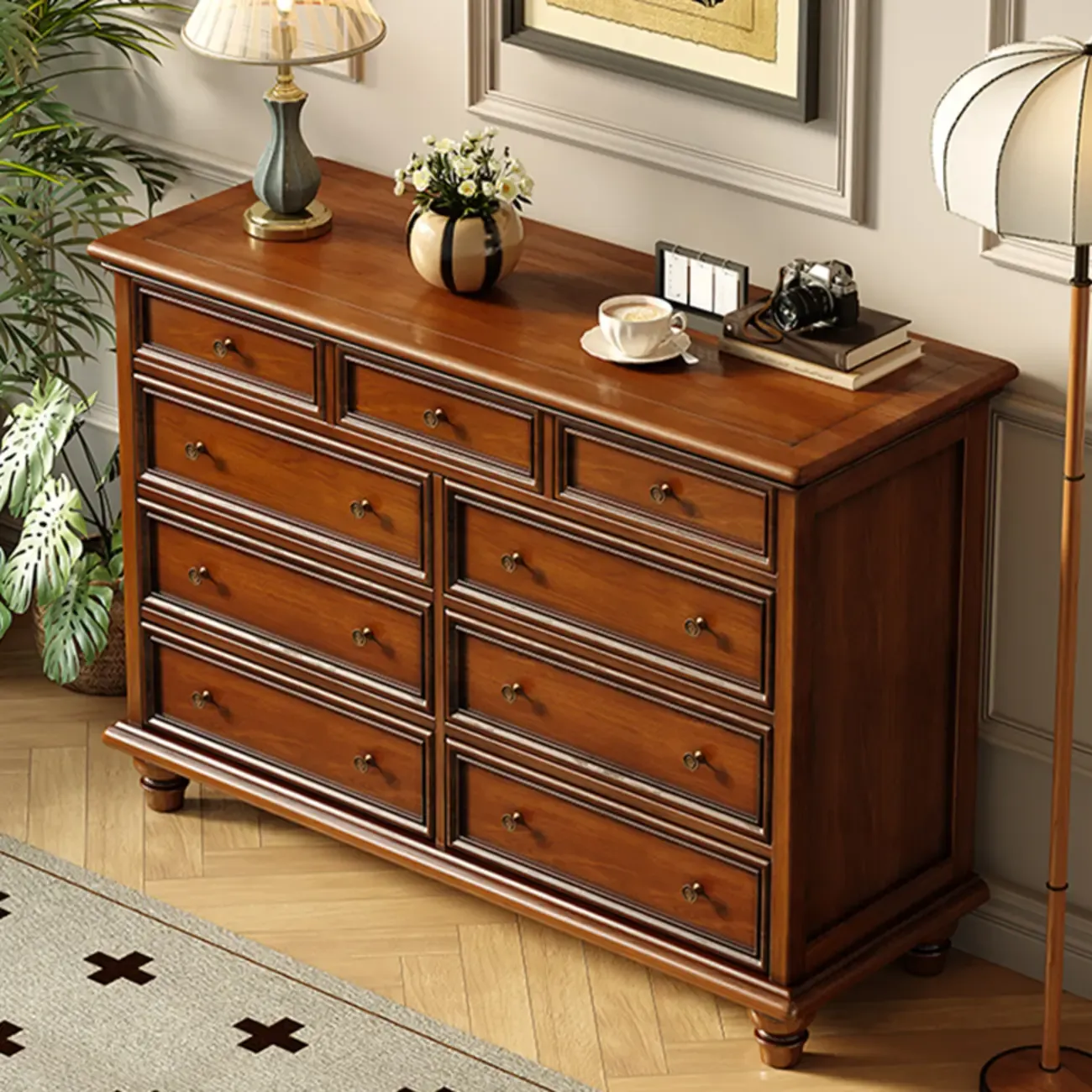 Vintage Brown Wooden Double Dresser with 9-Drawers