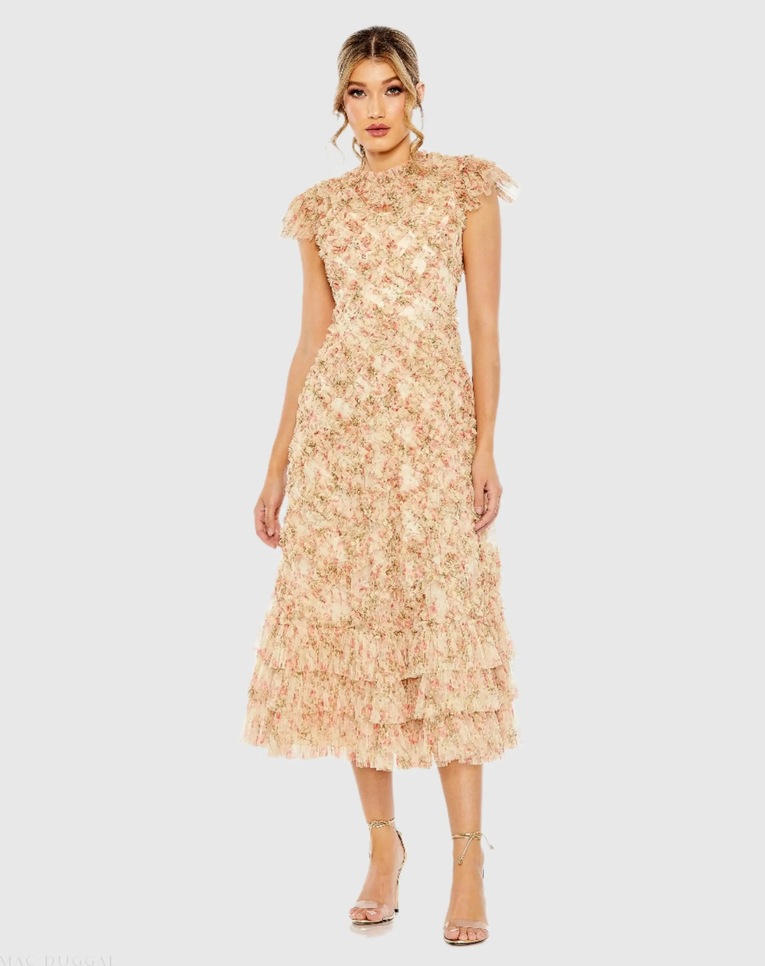 Beige Ruffle Tiered Short Sleeve A Line Dress