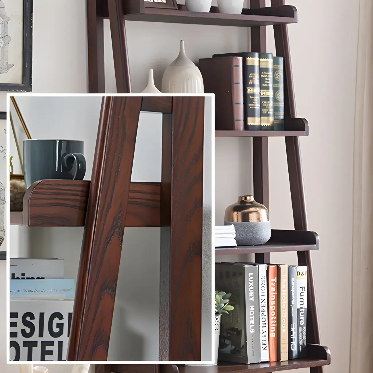 Scandinavian Wood Walnut 5-Tier Ladder Bookcase