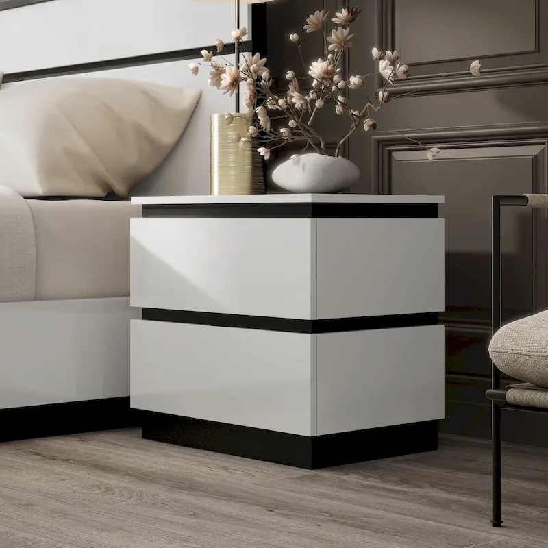 Contemporary White 2-Drawer Nightstand with USB Port & Metallic Accents