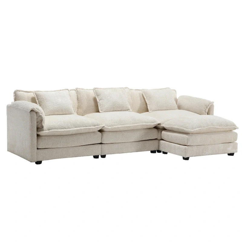 Beige 112.2  L-Shape 4-Seater Sectional Sofa in Modern Boucle Fabric with Removable Cushions and Detachable Armrests