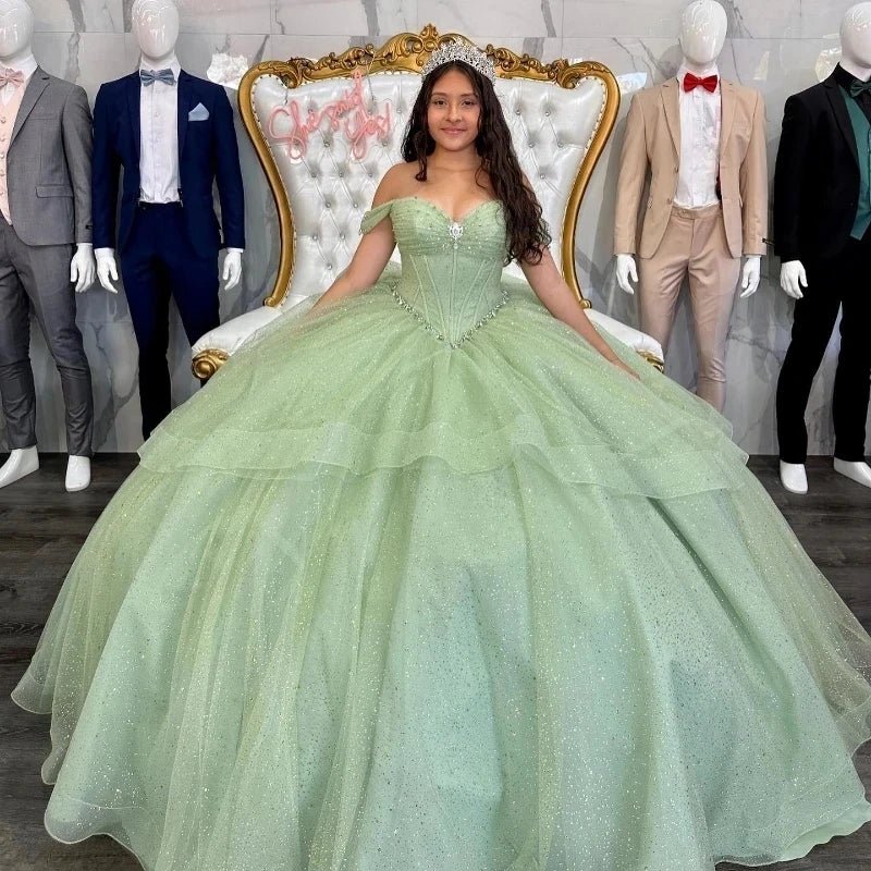 Sage Green Off The Shoulder Tulle Beaded Quinceanera Dress Wth Bow