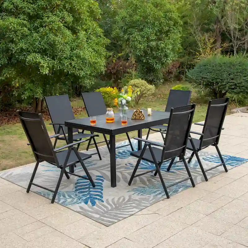 Outdoor 7 Pieces Dining Set, 6 x Reclining Folding Sling Dining Chairs and 1 Patio Extendable Table for 6-8 Person - 7-pieces