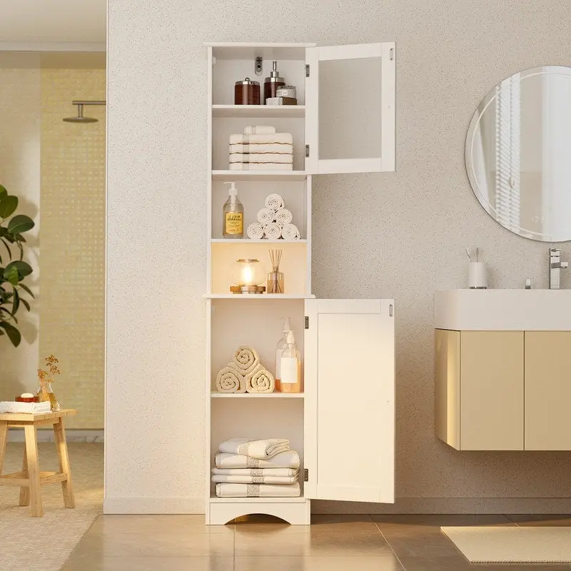 Freestanding Narrow Tall Bathroom Storage Cabinet with Adjustable Shelves, Door and Open Shelves