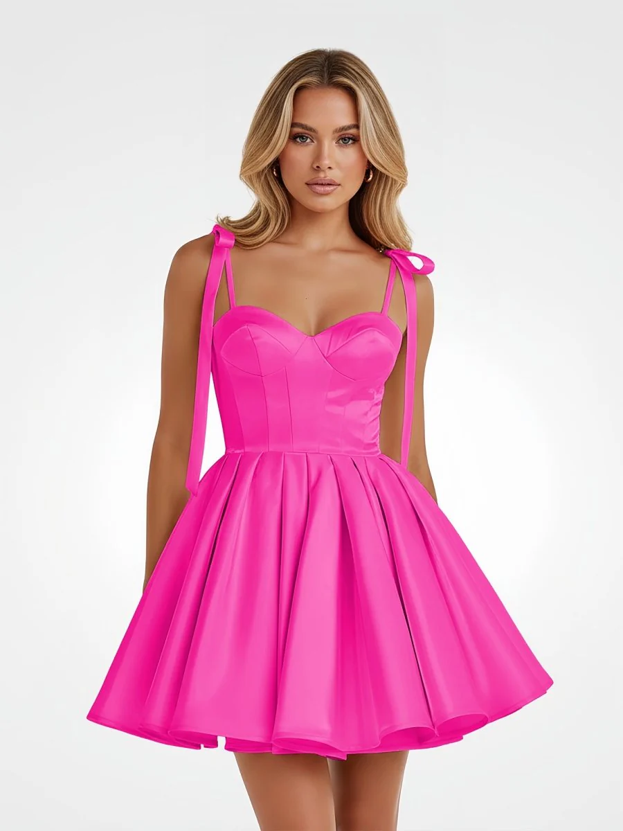 Hot Pink – Spaghetti Straps Pleated Satin A-Line Homecoming Dress with Bow