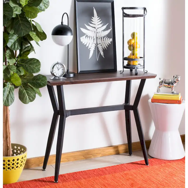 Mid-Century Wood Console Table with Black Metal Frame – Brown / Black