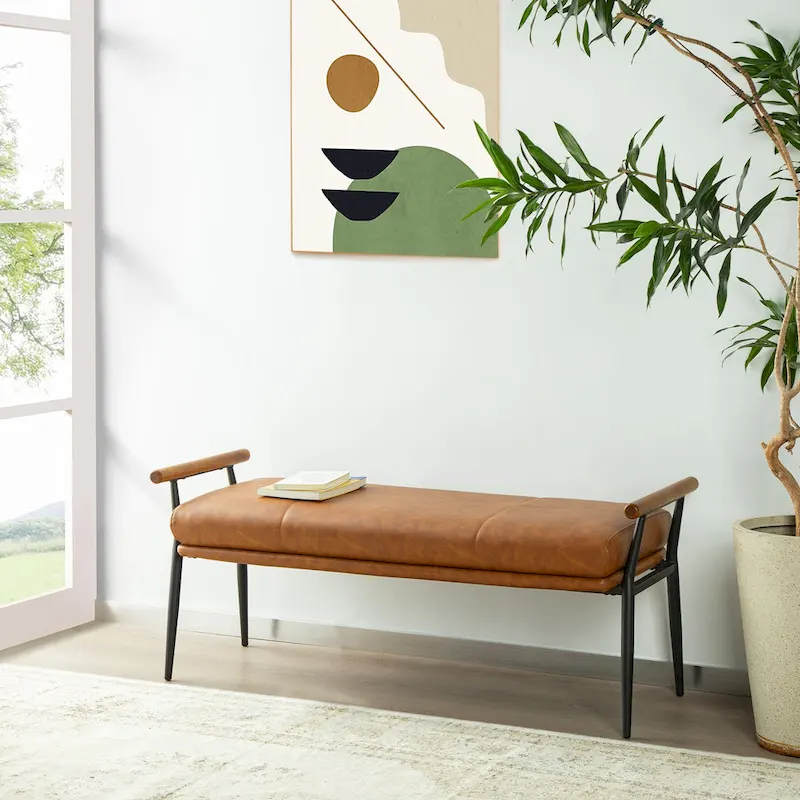 Glitzhome 48.5W Modern Upholstered Bench with Wooden Arms and Metal Legs