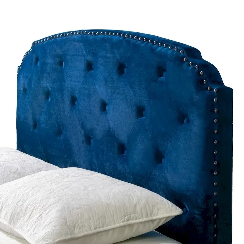 Navy Blue Velvet Queen Bed Button Tufting and Black Nail Head