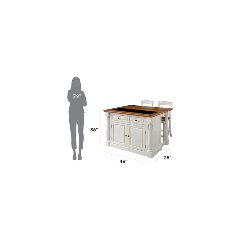 Monarch Off-White Kitchen Island with Granite Top and 2 Stools