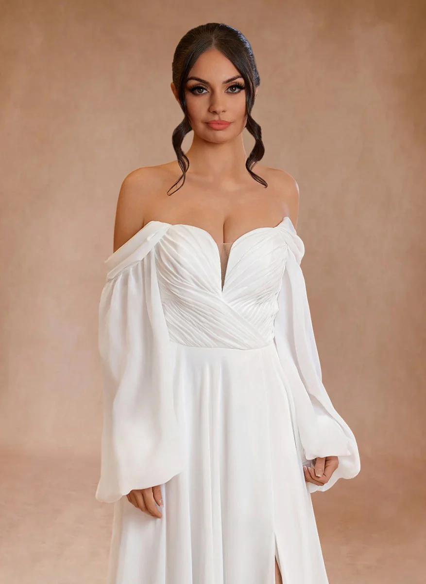 A-Line Sweetheart Long Sleeves Chiffon Sweep Train Wedding Dress