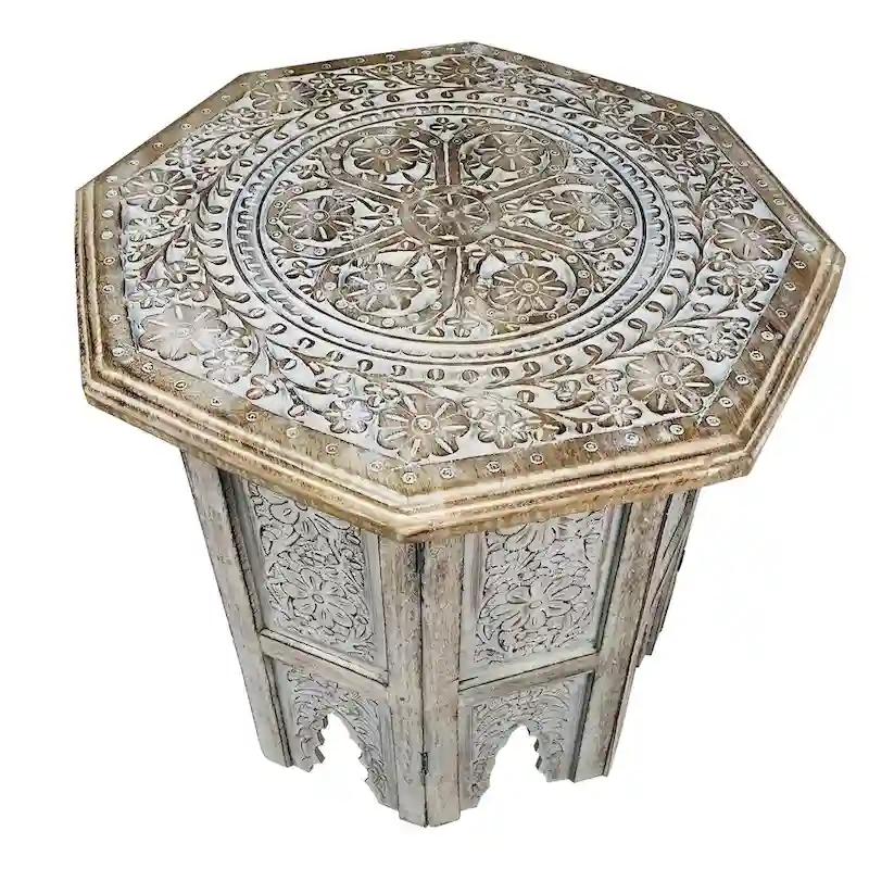 Olta 18 Inch Handcrafted Farmhouse Side Table, Engraved Carved Design, Mango Wood, Octagonal Top, Antique Brown