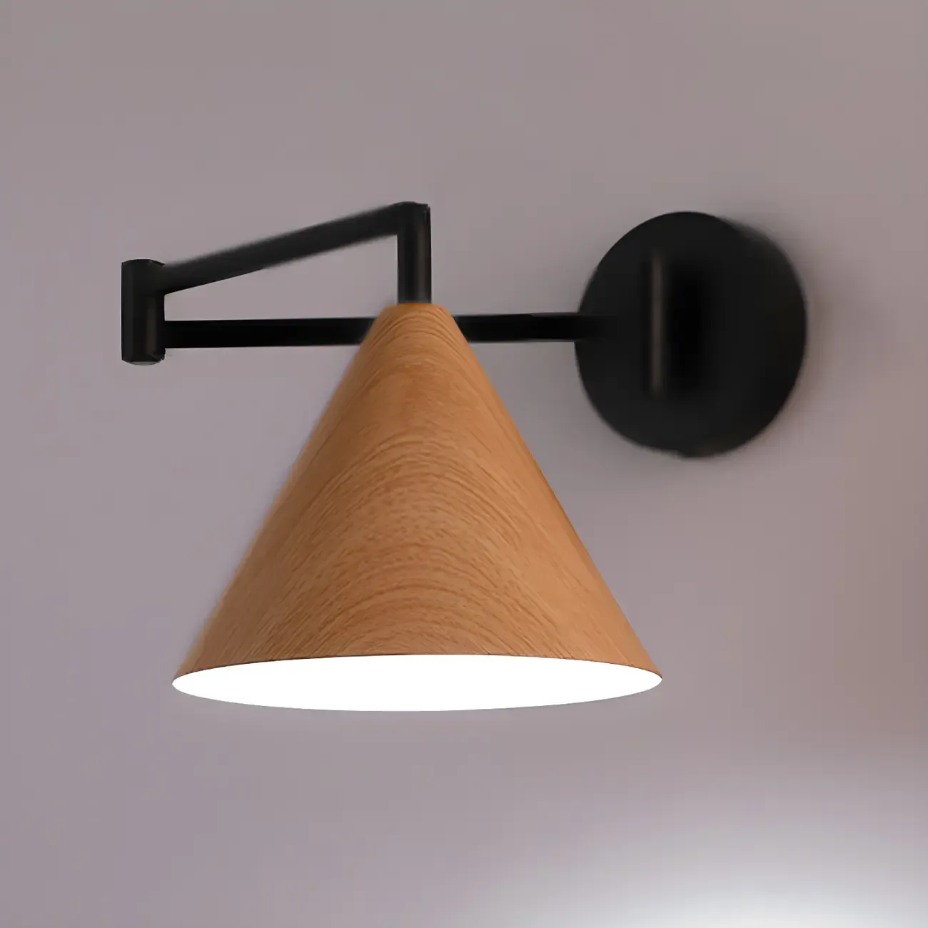 Black Metal Swing Arm Wall Light with Wood Shade
