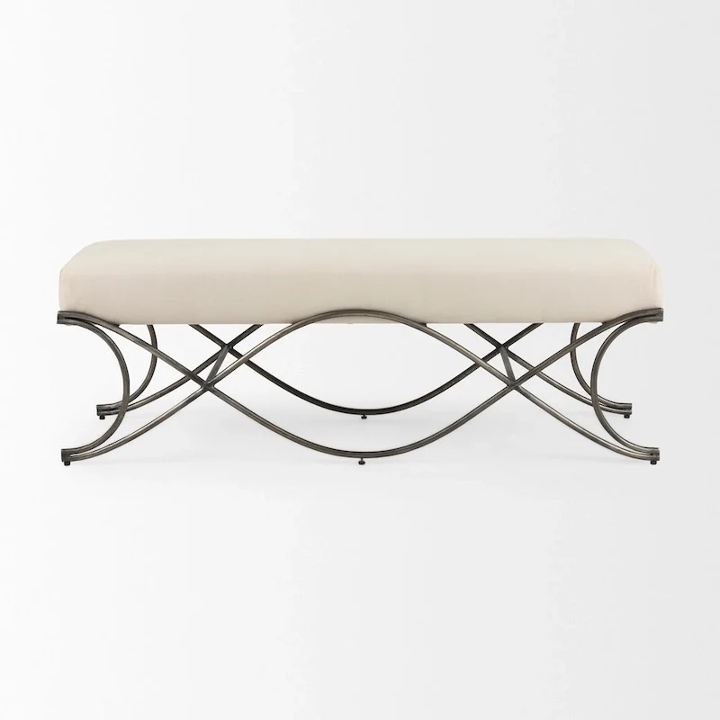 Gray Fabric Upholstered Bench with Gold Metal Legs