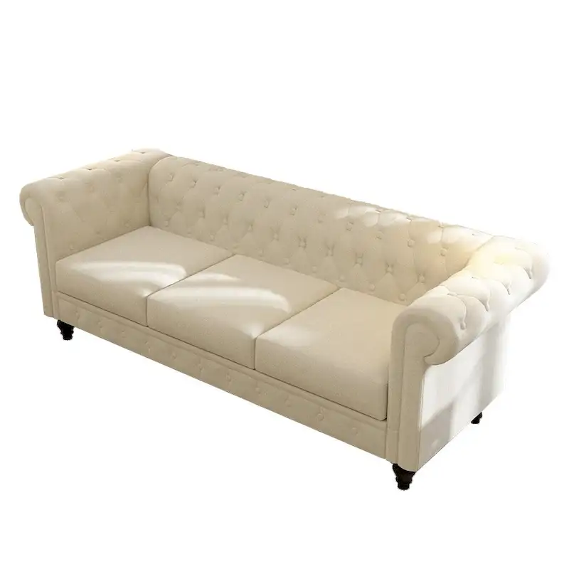 Elegant Beige Chesterfield Sofa - 3-Seater Velvet with Tufted Buttons & Wooden Legs