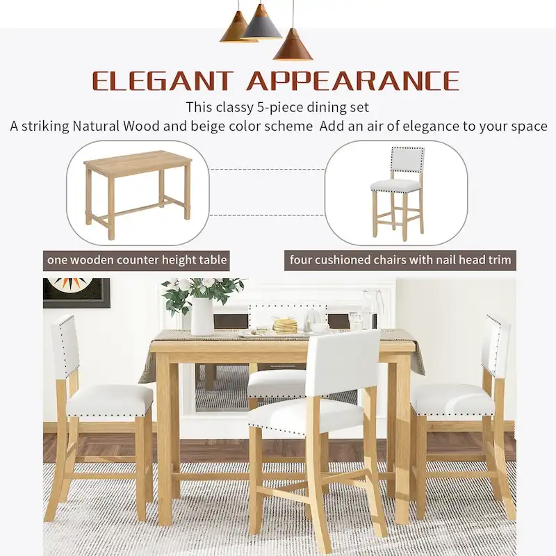 5-Piece Counter Height Dining Set with Table and 4 Chairs