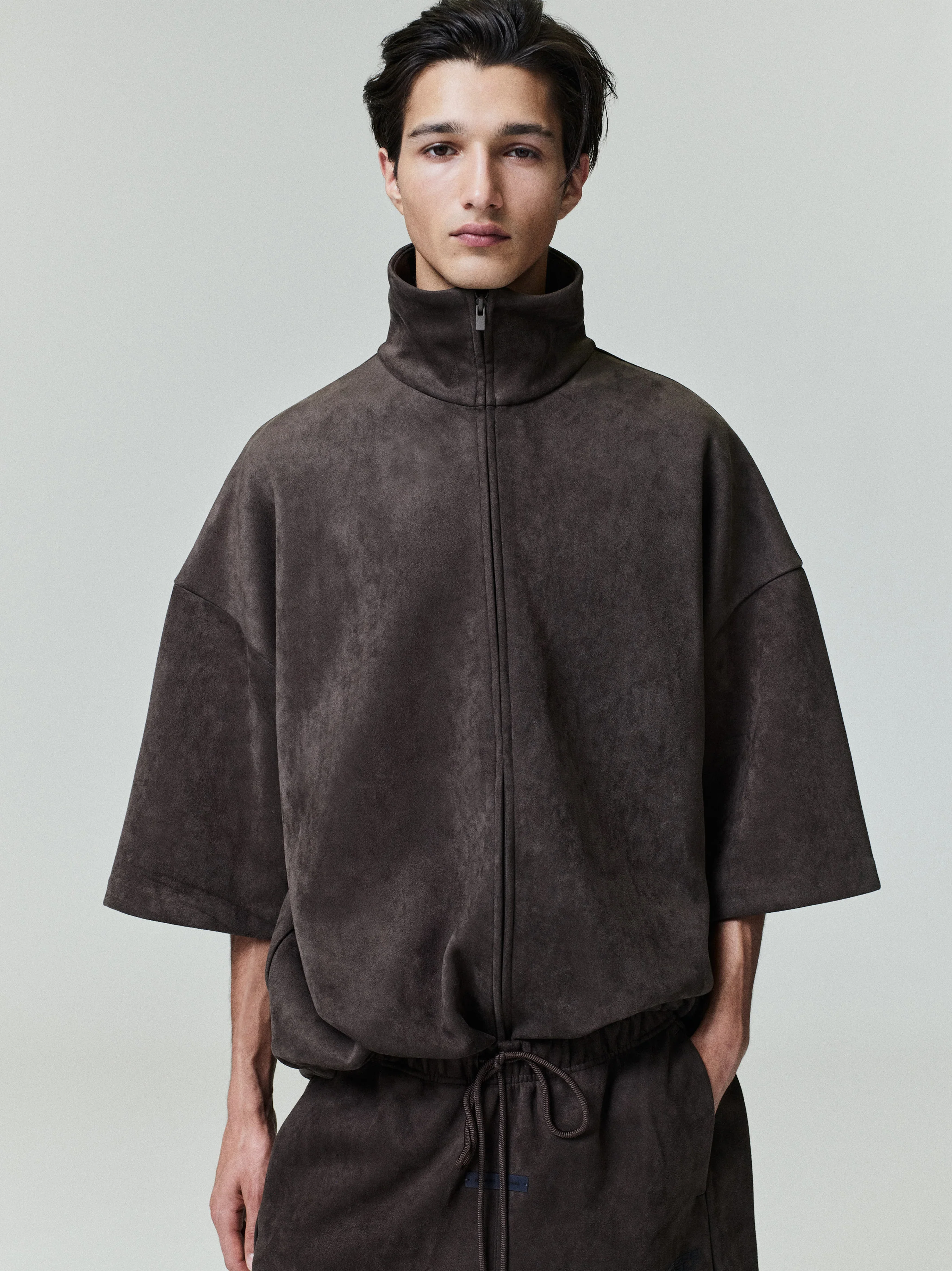 Suede Fleece High Neck 3/4 Sleeve Jacket