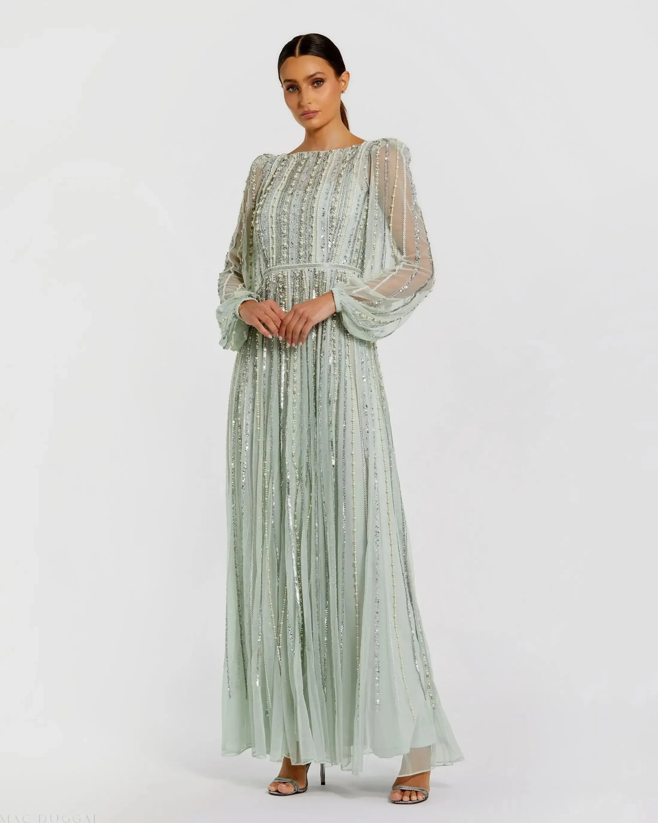 High Neck Long Sleeve A-line Gown With Pearl Beading