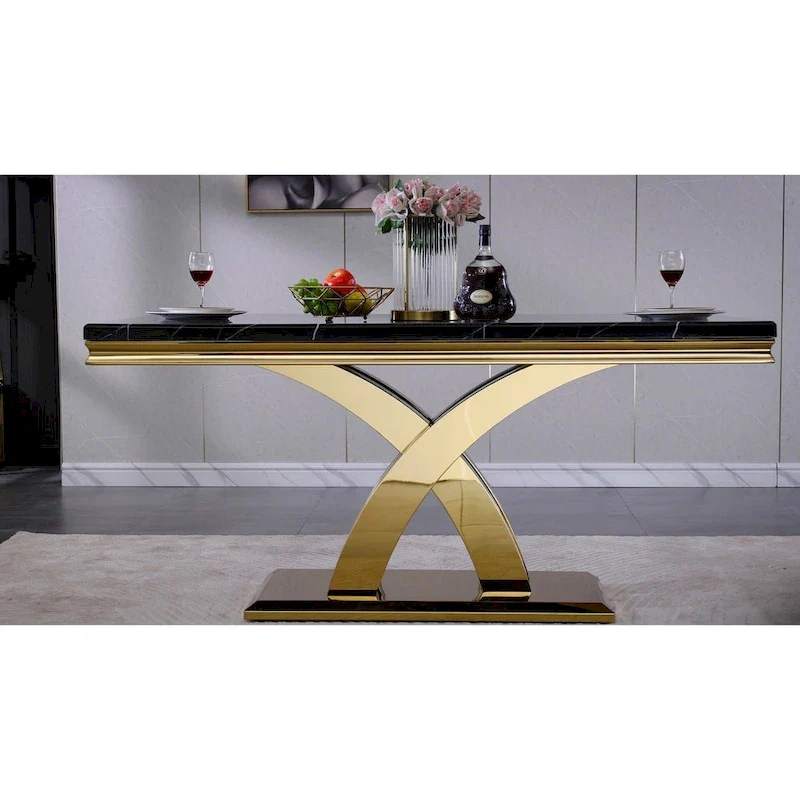 Black / Silver Rectangular Dining Table, Double X-Base, Seats 6