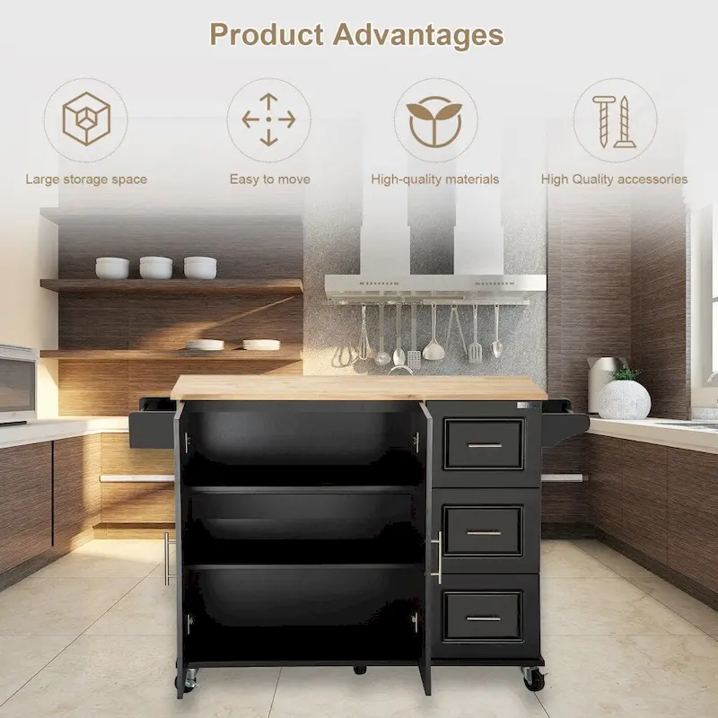 Mobile Kitehcn Island with Extensible Table Top and Adjustable Shelf
