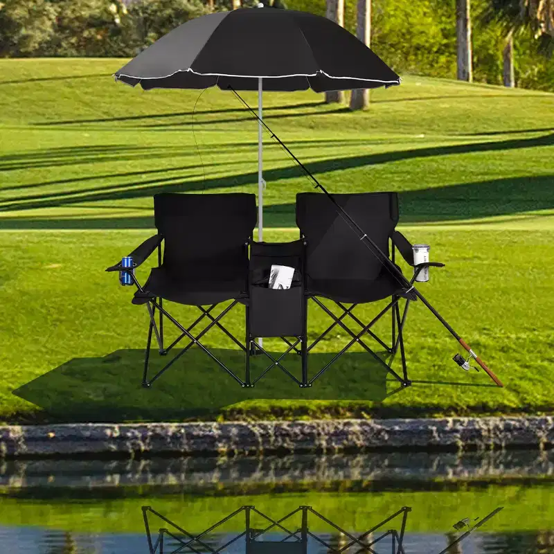 Costway Portable Folding Picnic Double Chair with Umbrella Table Cooler Beach Camping Turquoise/Black/Red/Gray/Pink